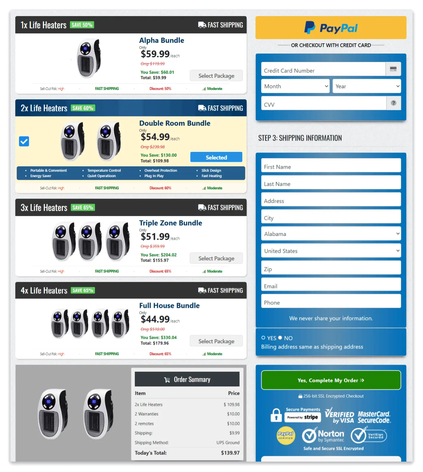 Life Heater Secure Checkout Page